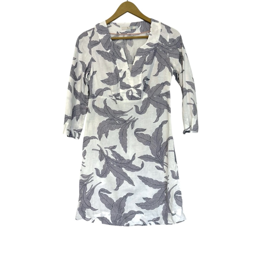 Boden Size 2 White Blue Leaf Print Linen 3/4 Sleeve Mini Dress Preppy Vacation